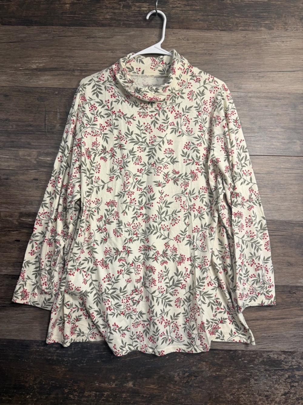 Woman Within Cream Floral Turtleneck Long Sleeve Top with Red & Green Print‎